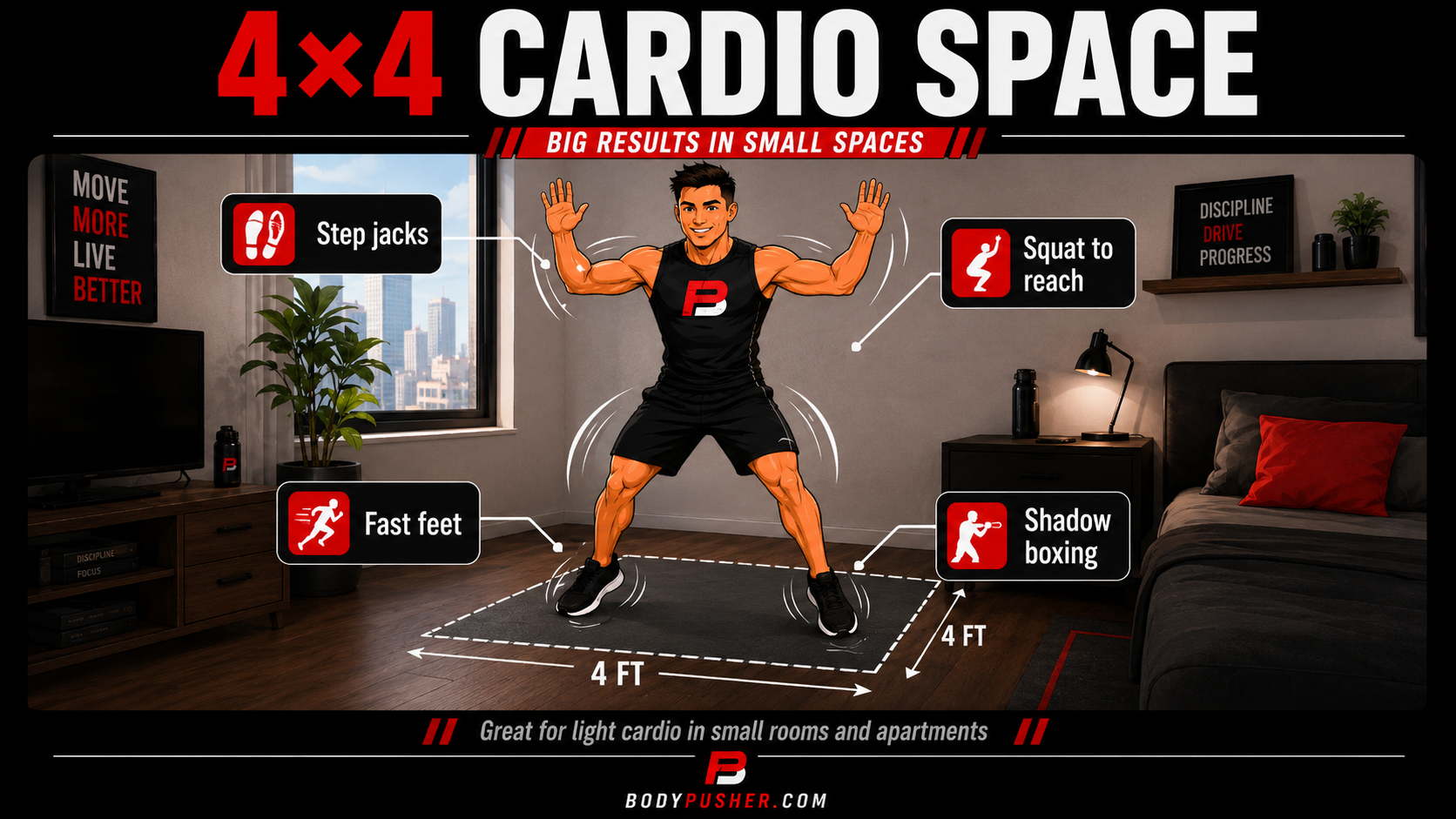 4×4 Cardio Space Person doing jumping jacks with a wider safety zone around them