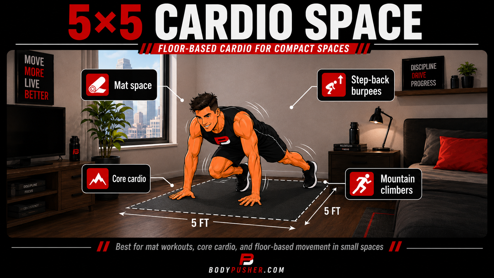 5×5 Cardio Space Person on a mat doing mountain climbers or step-back burpees.