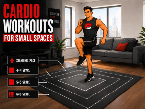 person doing cardio inside a marked floor square. Show a small apartment room with a couch, rug, plant, and wall, but keep the person inside a clear workout zone.