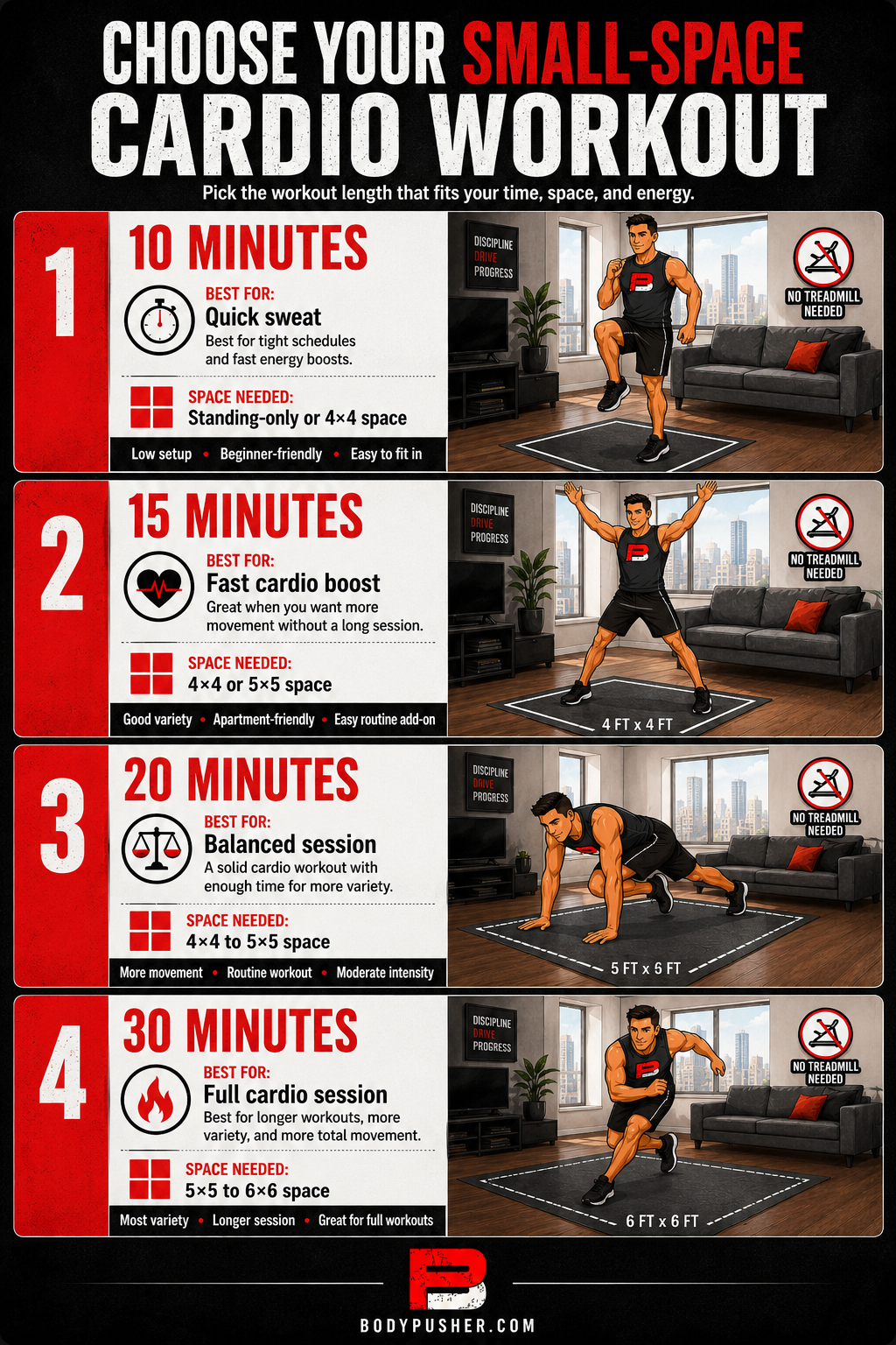 Choose Your Small-Space Cardio Workout Four stacked workout cards: 10-minute workout 15-minute workout 20-minute workout 30-minute workout