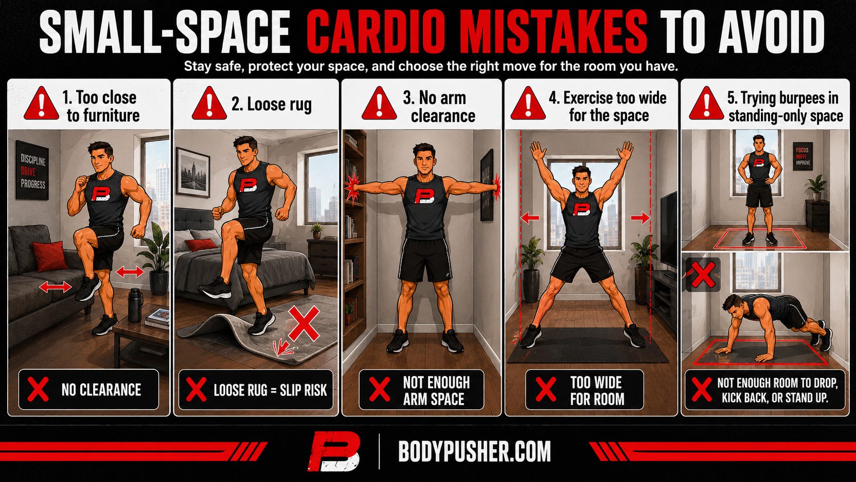 Small-Space Cardio Mistakes to Avoid Split image with red warning icons: Too close to furniture Loose rug No arm clearance Exercise too wide for the space Trying burpees in standing-only space