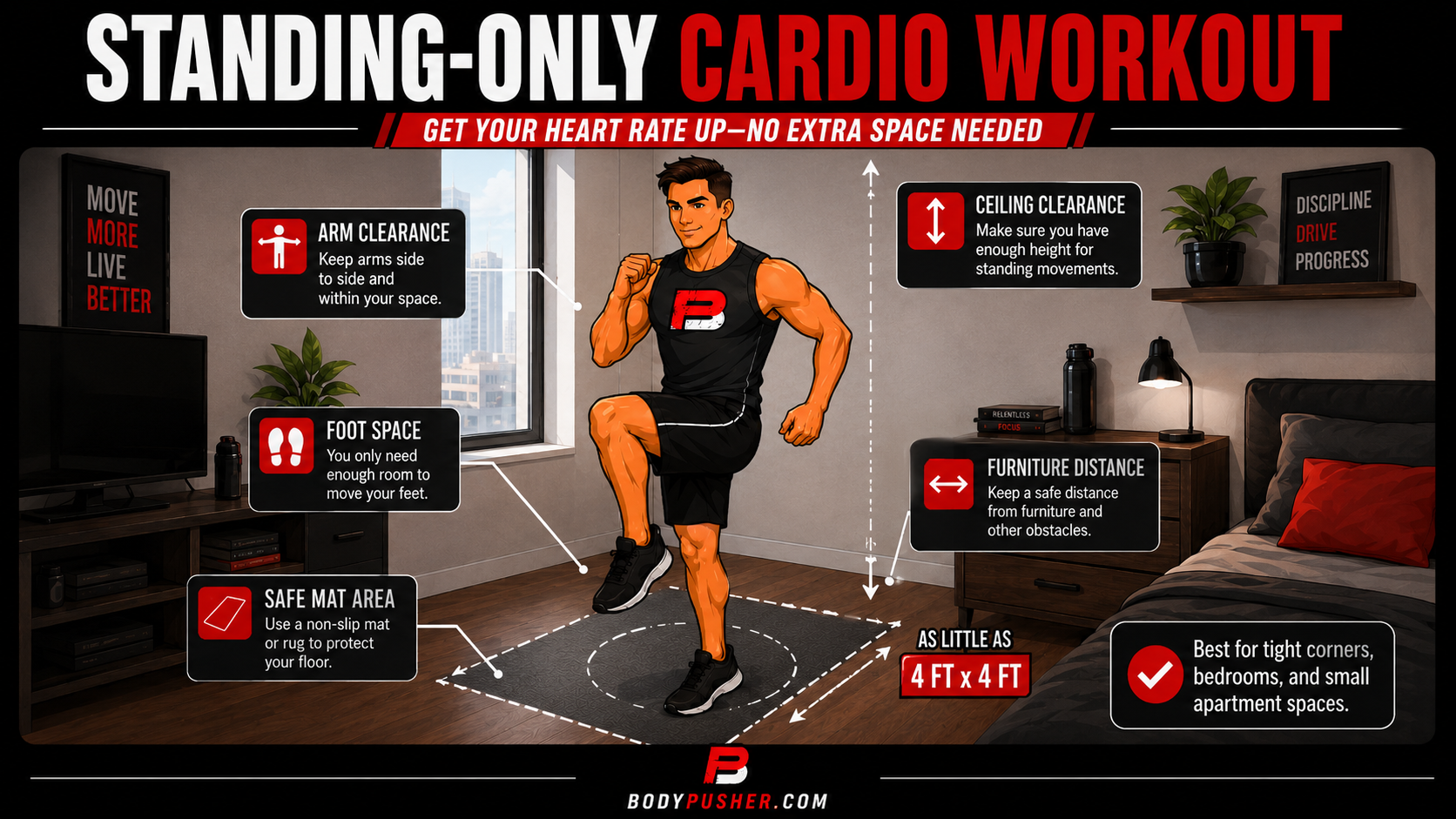 Standing-Only Cardio Workout Person doing marching in place or shadow boxing in a very tight area between furniture.